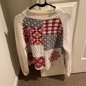 Liz Claiborne Patchwork Turtleneck Sweater - Red, Gray, Cream